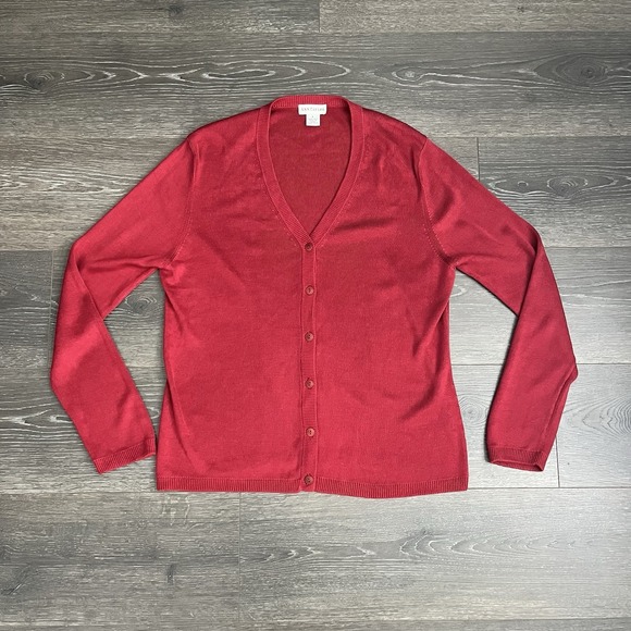 Ann Taylor Sweaters - Vintage Ann Taylor 90s Cardigan Sweater Large Silk Red Ribbed Y2K Vneck Buttons